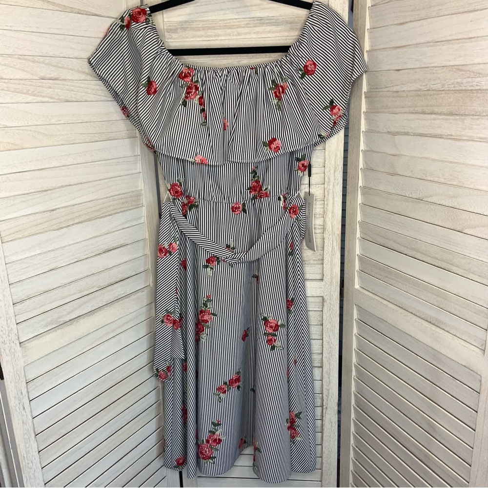 Calvin Klein Floral Embroidered Candy Stripe Black and White Midi Sundress New